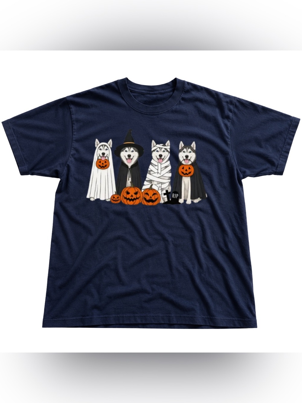 Festival Navy Halloween Husky Dog Tee - Cute Pumpkin Costume Design